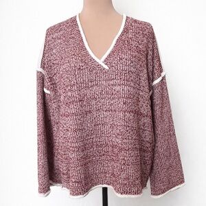 POL Marled Knit V-Neck Sweater Wine Red White Trim NWT Size S Oversized